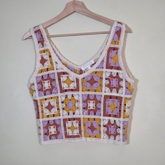 Rebellion Again Crocheted Top Women L Granny Square Sleeveless V Neck Crop Boho - Picture 1 of 14